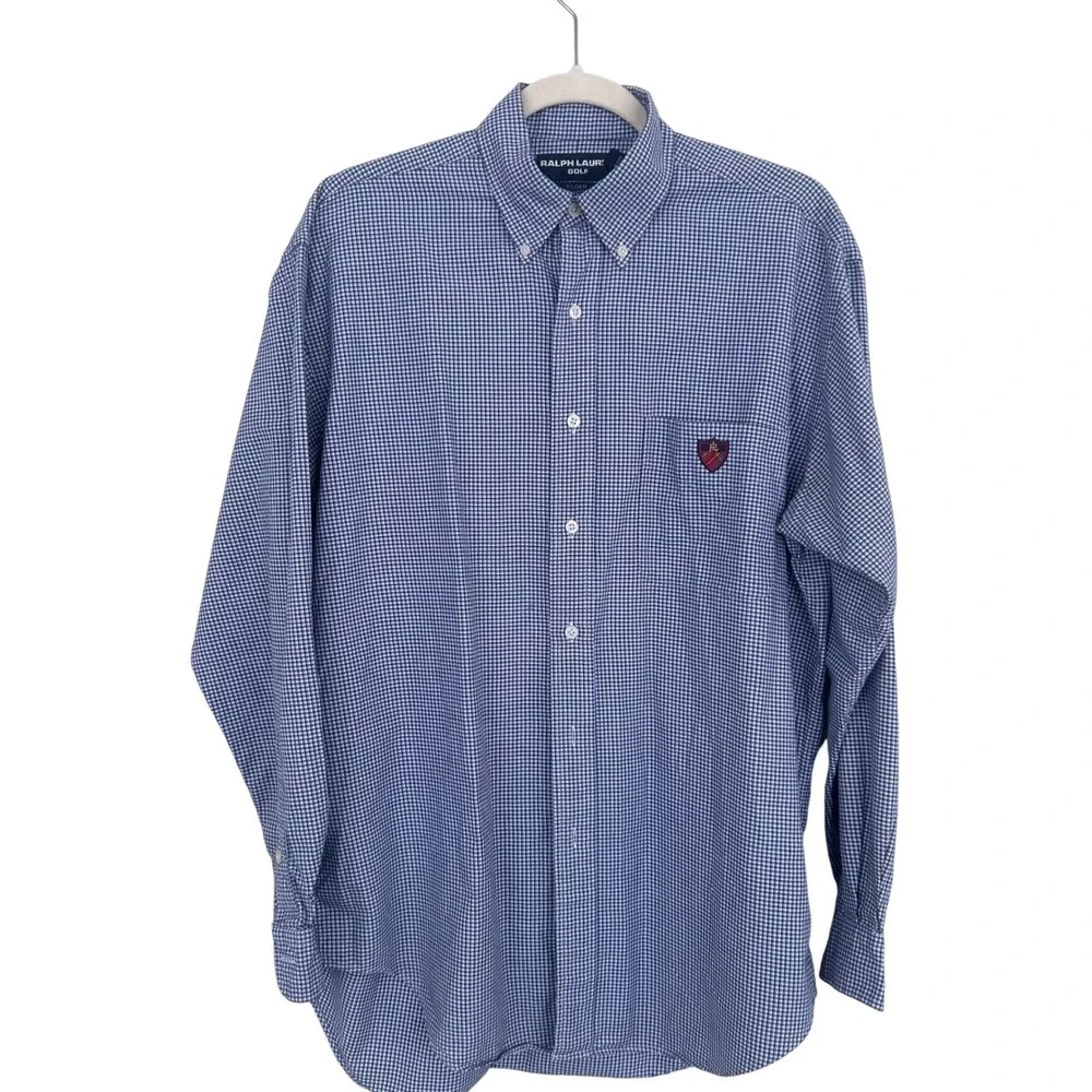 Ralph Lauren Golf Mens Blue Gingham Button Down Embroidered Crest Old Money M